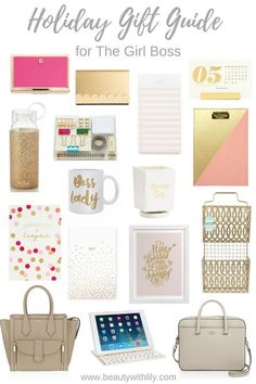 the holiday gift guide for the girl boss is shown with gold and white accessories, including a