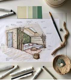 an artist's rendering of a cabin with wood and paint supplies on the table