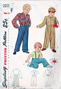 two children's clothing patterns, one boy in overalls and the other boy in overalls