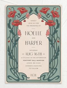 an art deco style wedding card with red flowers on the front and green border around it