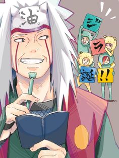 an anime character with white hair holding a book and looking at the camera while surrounded by other characters