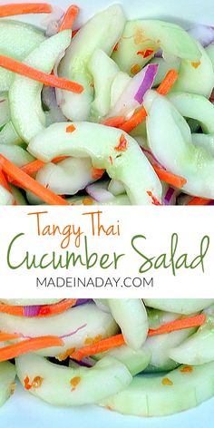 a white plate topped with cucumber salad next to carrots and celery