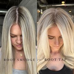 This is a great visual explaining the difference between a root smudge vs a root tap! Save it! 🔥 By @kianna.hair ❕Root smudge vs. Root… | Instagram Highlights On Grown Out Roots, Blonde Root Grown Out, Highlight Touch Up Hair Roots, Full Head Blonde Highlights With Root Smudge, Blonde Highlights Close To Root, Root Tap With Money Piece, Blonde Root Touch Up Highlights, Root Smudge Vs Shadow Root, Blonde Babylights With Root Smudge