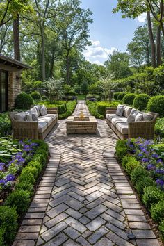 an outdoor seating area in the middle of a garden