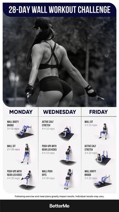 an advertisement for a woman's workout program with the words, 28 day wall workout challenge