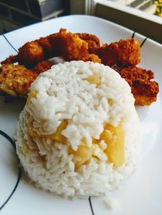 rice and fried food on a white plate