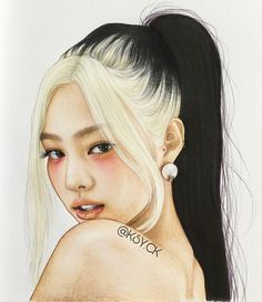 a drawing of a woman with long hair and piercings on her ear, next to colored pencils