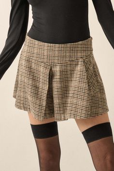 Prep School Houndstooth Plaid Pleated Mini Skort - ShopPromesa Prep School, Pleated Shorts, Plaid Shorts, Invisible Zipper, Wool Blend, Cute Outfits, Relaxed Fit, Plaid, Zipper