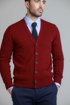 Tucked In Sweater Outfit Men, Red Cardigan Outfit Men, Man Dress Design, Sweater Outfits Men, Mens Smart Casual Outfits, Smart Casual Menswear, Cardigan Outfit