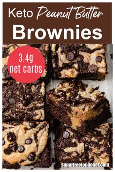 keto peanut butter brownies stacked on top of each other with text overlay