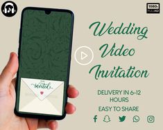 a person holding an iphone with the text wedding video invitation