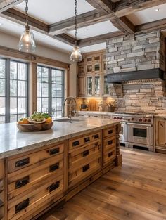 a large kitchen with wooden cabinets and an island in front of the stove top oven