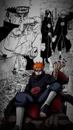 an anime character sitting on top of a red chair in front of a wall with other characters