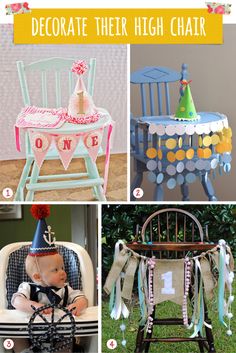 some very cute little chairs that are decorated with birthday hats and ribbons on them,