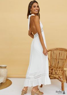 V-Neck Maxi dress in white with Backless Wear this stunning Tie-Up Lace White Boho Maxi Dress to make a statement on a special occasion. We adore the halter neckline, which ties at the neck and reveals the shoulders and a stunning naked back. Its lace accents add a stylish touch that will be noticed. This bohemian maxi dress is ideal for sculpting a lovely silhouette when worn with heels. In the table below, you will find the measurements of the dress. To know your size according to your measure White Boho Maxi Dress, White Maxi Dress Boho, Western Casual, White Boho Dress, White Sundress, Bohemian Maxi, Gettin Hitched, Bohemian Maxi Dress, Mexico Wedding