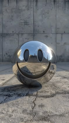 a shiny metal ball with two eyes and a smile drawn on it's face