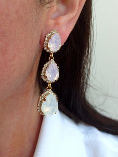 "Pink opal white opal LONG Chandelier earrings, Drop earrings, Dangle earring Silver or Gold Swarovski Blush Bridal earrings, Bridesmaid gift THIS IS \"TINE ELDOR'S JEWLERY\" ORIGINAL DESIGN!! THESE STUNNING EARRINGS CAN BE CUSTOM MADE WITH CUSTOM COLORS AND METAL PLATING. PLEASE CONTACT ME. Stunning beauty. These earrings are so romantic. They would be great for a bridal wedding or with an evening dress. Perfect gift for bridesmaids or any other occasion. They are made of gold plated brass and Elegant White Pink Opal Jewelry, White Long Drop Crystal Earrings For Wedding, White Long Drop Crystal Wedding Earrings, Opal Drop Earrings For Wedding, Opal Jewelry With Matching Earrings For Wedding, Pink Opal Earrings, White Opal Earrings, Long Chandelier, Bridal Earrings Chandelier