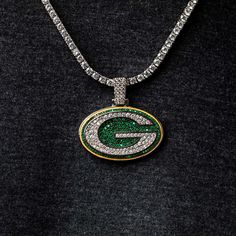 Green Bay Packers Pendant Green Crystal Jewelry With Rhinestones, Green Cubic Zirconia Jewelry With Rhinestones, Green Bling Jewelry As A Gift, Auburn Logo, Tiger Pendant, Nfl Green Bay, Nfl Season, Solid Gold Chains, Vermeil Jewelry