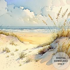 a painting of sand dunes and grass on the beach