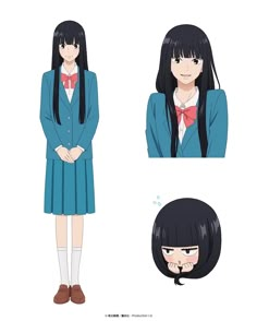 an anime character with long black hair wearing a blue dress and red bow tie, standing in