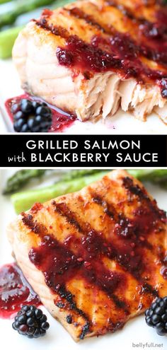 grilled salmon with blackberry sauce on a white plate