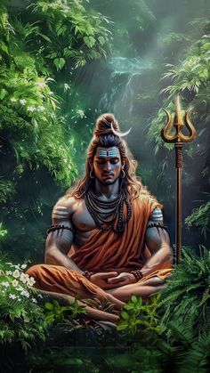 the god is sitting in the jungle with his hands crossed and eyes closed, surrounded by greenery