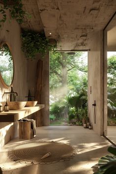 a bathroom with an open door leading to the outside and plants growing on the walls