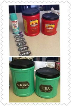 three different pictures of tea canisters with labels on them and the same one is labeled sugar