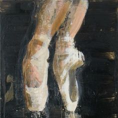 a painting of a pair of ballet shoes on black and white background with gold accents