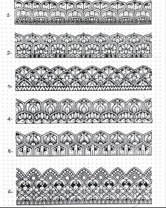 an intricate lace pattern is shown in black and white, as well as the other patterns