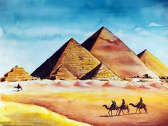 three people riding camels in front of pyramids