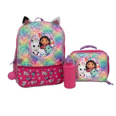 dora the cat backpack and lunchbox set with water bottle in pink, green, blue