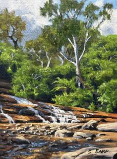 an oil painting of a waterfall in the woods