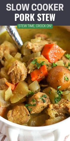 slow cooker pork stew in a white bowl with carrots and celery