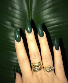 Dark Green Pointy Nails, Forest Green Almond Nails, Dark Green Almond Nails, Nails Dark, Green Acrylic Nails, Dark Green Nails, Maroon Nails, Fantasy Nails, Nails Green