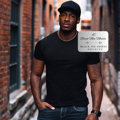 Fitted Black Shirt With Branding, Black Fitted T-shirt With Branding, Fitted Black T-shirt With Branding, Basic Black Pre-shrunk Shirt, Streetwear Mockup, Tee Shirt Mockup, Cap Mockup, Black Male Models, Black Tee Shirt