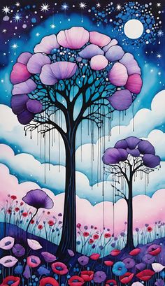 a painting of trees and flowers in the night sky