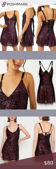 #175 ✨NWT Free People [ Large ] Gold Rush Sequin V-Neck Minidress in Plum Gold Rush, Deep V Neck, Rush, Plum, Night Out, Sequin