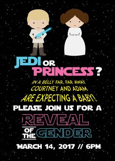 star wars birthday party flyer with princess and prince on black background, stars in the sky