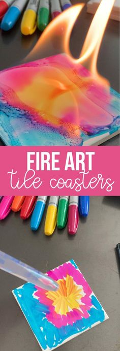 colorful art with text overlay that reads fire art tile coasters for kids and adults