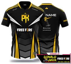 a black and yellow jersey with the name free fire on it