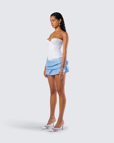 Be like a breath of fresh air in this gorgeous two-piece set 🤍 Featuring a white satin corset top paired with a blue pleated mini skirt, this look will have you radiating pure bliss 😚 White Mini Length Boned Bodice Corset, White Satin Corset For Summer, White Satin Summer Corset, White Satin Skirt For Summer, White Satin Corset Dress For Summer, Summer White Satin Corset Dress, Satin Corset Top, Blue Corset, Satin Corset