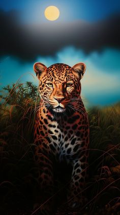 a painting of a leopard standing in tall grass with the moon behind it and dark clouds