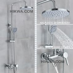 the shower head and handset are shown in three different pictures, including one with an overhead