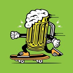 a cartoon character riding a skateboard with a mug of beer on it's back