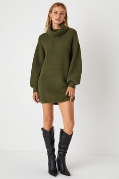 Stay cute and warm this season with your new go-to look, the Lulus Casual Coziness Olive Green Waffle Knit Cowl Neck Sweater Dress! Stretchy textured waffle knit shapes this essential fall dress that features a high, draping cowl neckline and long balloon sleeves with drop shoulders and fitted cuffs. The relaxed, shift silhouette is sure to keep you feeling comfortable all day long, while the mini hemline lends a flirty finish! Contrasting ribbed knit accents the cuffs and hem. Style with a pair Olive Green Dress Outfit Fall, Olive Green Fall Outfits, Olive Green Outfits, Olive Green Dress Outfit, Olive Green Outfit, Green Dress Outfit, Fam Pics, Green Sweater Dress, Fall Sweater Dress