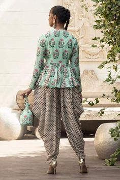 Shop for Nikasha Green Crepe Printed Short Angrakha And Dhoti Pant Set for Women Online at Aza Fashions Pista Green, Dhoti Pants, Peplum Styling, Designer Dresses Casual, Peplum Styles, Indian Fashion Designers, Designer Gowns, Pant Set, Indian Design