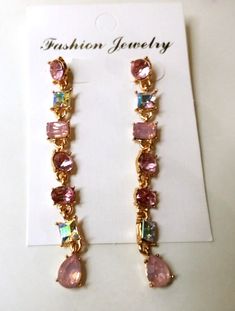 NEW RHINSTONE EARRINGS MULTICOLOR DROP DANGLE FASHION JEWELRY GOLD SCREW BACK Pink Drop Earrings With Rhinestones, Pink Rhinestone Drop Earrings, Pink Rhinestone Costume Jewelry, Pink Jeweled Dangle Chandelier Earrings, Pink Jeweled Crystal Dangle Earrings, Teardrop Pink Rhinestone Jewelry, Pink Teardrop Rhinestone Jewelry, Pink Jeweled Drop Earrings, Pink Dangle Linear Earrings For Pierced Ears