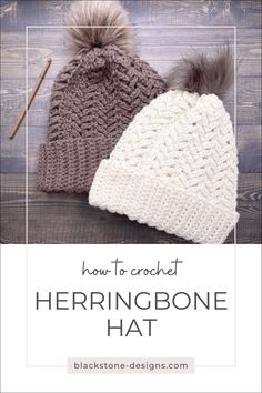 two knitted hats with text overlay that says how to crochet herringbone hat