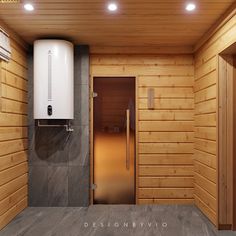 an indoor sauna with wood paneling and stainless steel door, in the middle of a room